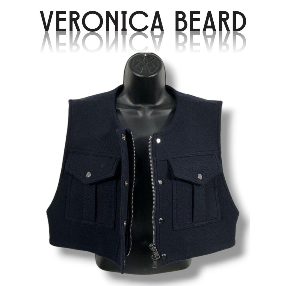 Veronica Beard Navy Cropped Wool Zip Vest & Snap Flap Pockets Women's Size Small